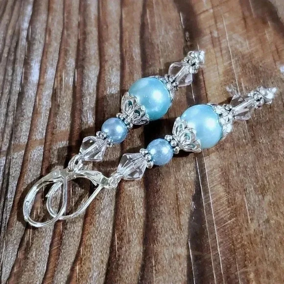 Light Blue Glass Pearl Sterling Silver Plated Handcrafted Dangle Earrings - Picture 6 of 11